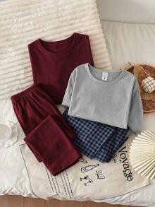 SHEIN Girls' Simple Fashion Letter Print Long Sleeve Top + Plaid Long Pants 4-Piece Loungewear Set - Grey - View 7