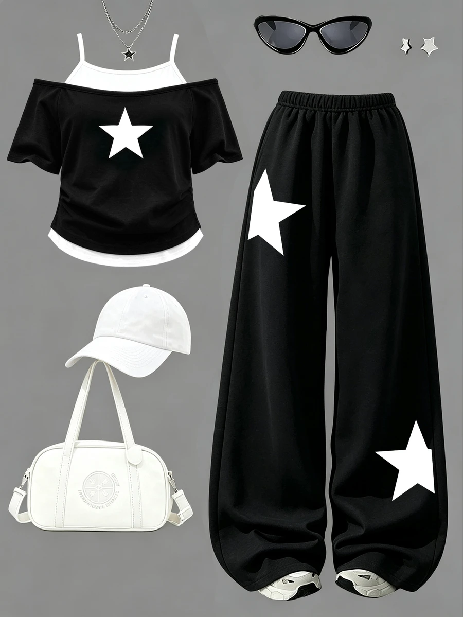 Girls' Fresh Minimalist Pentagram Graphic Print 2 In 1 Off-Shoulder Spaghetti Strap Short Sleeve T-Shirt & Wide Leg Pants Set, Chill, Cozy,Winter - Multicolor - View 1