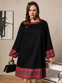 SHEIN LUNE Plus Size Women's Plaid Patchwork Casual Everyday Summer Dress Christmas Fall - Black - View 5
