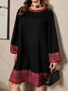 SHEIN LUNE Plus Size Women's Plaid Patchwork Casual Everyday Summer Dress Christmas Fall - Black - View 4