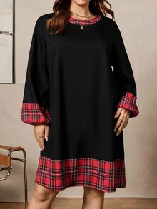 SHEIN LUNE Plus Size Women's Plaid Patchwork Casual Everyday Summer Dress Christmas Fall - Black - View 6