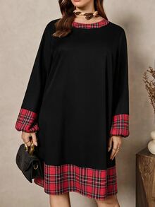 SHEIN LUNE Plus Size Women's Plaid Patchwork Casual Everyday Summer Dress Christmas Fall - Black - View 2