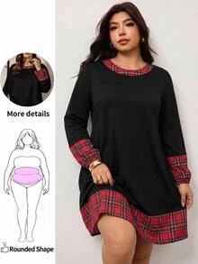 SHEIN LUNE Plus Size Women's Plaid Patchwork Casual Everyday Summer Dress Christmas Fall - Black - View 9