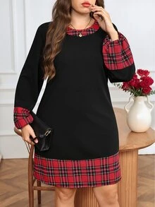 SHEIN LUNE Plus Size Women's Plaid Patchwork Casual Everyday Summer Dress Christmas Fall - Black - View 7