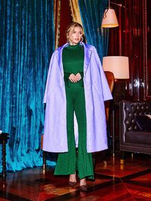 VOLUPTÉ CURVE Plus Size Fall Winter Green Knit High Neck Long-Sleeve Wide-Leg Fitted Belted Shiny Wool Two-Piece Set Pants Top For Party, Going Out, Birthday - Green - View 7