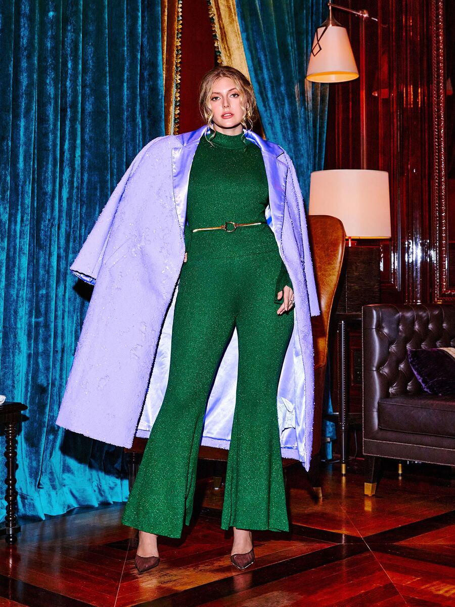 VOLUPTÉ CURVE Plus Size Fall Winter Green Knit High Neck Long-Sleeve Wide-Leg Fitted Belted Shiny Wool Two-Piece Set Pants Top For Party, Going Out, Birthday - Green - View 1