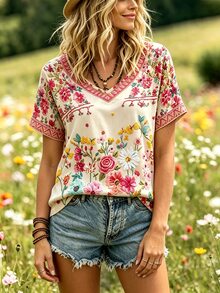 Selamara Bohemian Cottagecore Boho Style Beige Floral Faux Embroidery V-Neck T-Shirt, Summer Vacation Casual Short Sleeve Top - Multicolor - View 6