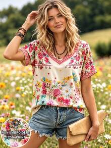 Selamara Bohemian Cottagecore Boho Style Beige Floral Faux Embroidery V-Neck T-Shirt, Summer Vacation Casual Short Sleeve Top - Multicolor - View 1