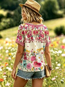 Selamara Bohemian Cottagecore Boho Style Beige Floral Faux Embroidery V-Neck T-Shirt, Summer Vacation Casual Short Sleeve Top - Multicolor - View 2
