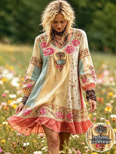 Selamara Gaun Pendek Motif Bunga Kecil Bordir Patchwork Bohemian Ukuran Plus, Gaun Mini Lengan 3/4 Leher V Motif Bunga Gaya Mori, Gaun Kasual untuk Kegiatan di Luar Ruangan dan Perjalanan