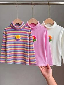 SHEIN 3件隨機款女童T恤（6款設計），3D花卉裝飾，高領長袖針織純色條紋T恤，3D花朵圓領背心，花卉圖案 - 彩色 - 查看 4