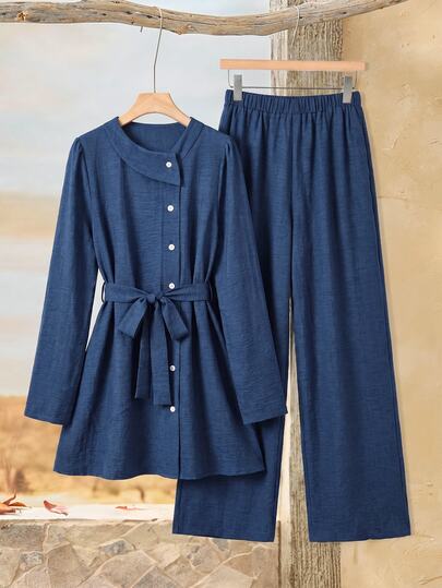 Rusticease Fall Winter 2026 Women's 2pcs Set Elegant Women's Set Belt Long Sleeve Top Solid Color Pants Everyday Navy Blue Casual