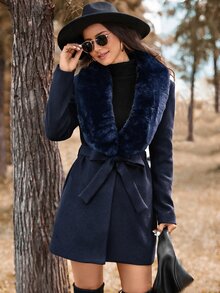 SHEIN 女款長袖腰部繫帶優雅羊毛大衣（人造毛皮） - 藏蓝色 - 查看 7