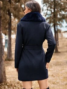 SHEIN 女款長袖腰部繫帶優雅羊毛大衣（人造毛皮） - 藏蓝色 - 查看 3