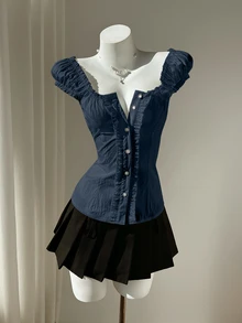 Elamini 女款極簡浪漫優雅甜美清新荷葉邊花瓣袖襯衫，春夏茶會雞尾酒會海軍藍 - 藏蓝色 - 查看 5