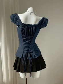 Elamini 女款極簡浪漫優雅甜美清新荷葉邊花瓣袖襯衫，春夏茶會雞尾酒會海軍藍 - 藏蓝色 - 查看 2