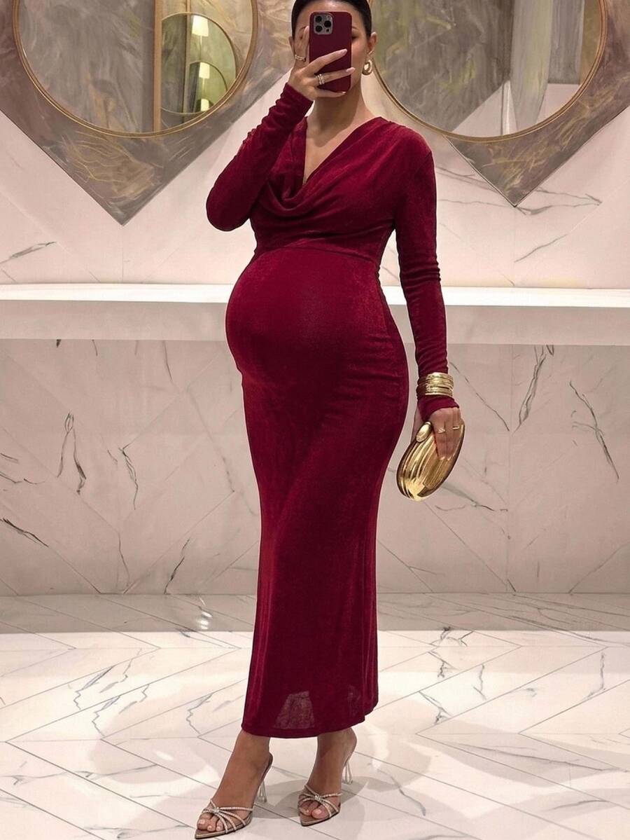 MaterniChic Maternity Solid Color Cowl Neck Long Sleeve Slim Fit Elegant Dress - Red - View 1