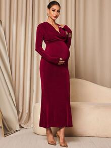 MaterniChic Maternity Solid Color Cowl Neck Long Sleeve Slim Fit Elegant Dress - Red - View 5