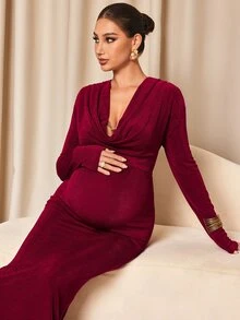 MaterniChic Maternity Solid Color Cowl Neck Long Sleeve Slim Fit Elegant Dress - Red - View 6