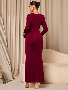 MaterniChic Maternity Solid Color Cowl Neck Long Sleeve Slim Fit Elegant Dress - Red - View 9