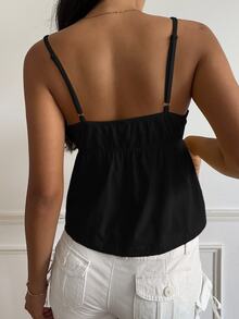 CovetEZ Casual Black Knitted Cami With Ruffle Hem And Spaghetti Straps Cami Tops Low Cut Top,Black Tops - Black - View 2
