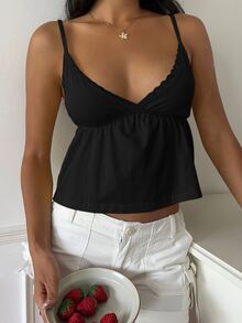CovetEZ Casual Black Knitted Cami With Ruffle Hem And Spaghetti Straps Cami Tops Low Cut Top,Black Tops - Black - View 3