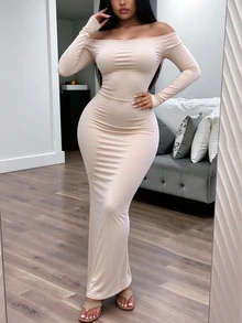 INAWLY Women Elegant Solid Off Shoulder Bodycon Dress Fall Cloth For Women - Beige - View 2