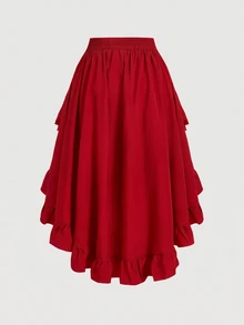 SHEIN MOD Plus Size Women's Black Ruffle Skirt, Vintage Black Layered Skirt Fall - Red - View 3