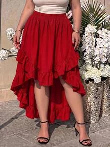 SHEIN MOD Plus Size Women's Black Ruffle Skirt, Vintage Black Layered Skirt Fall - Red - View 1