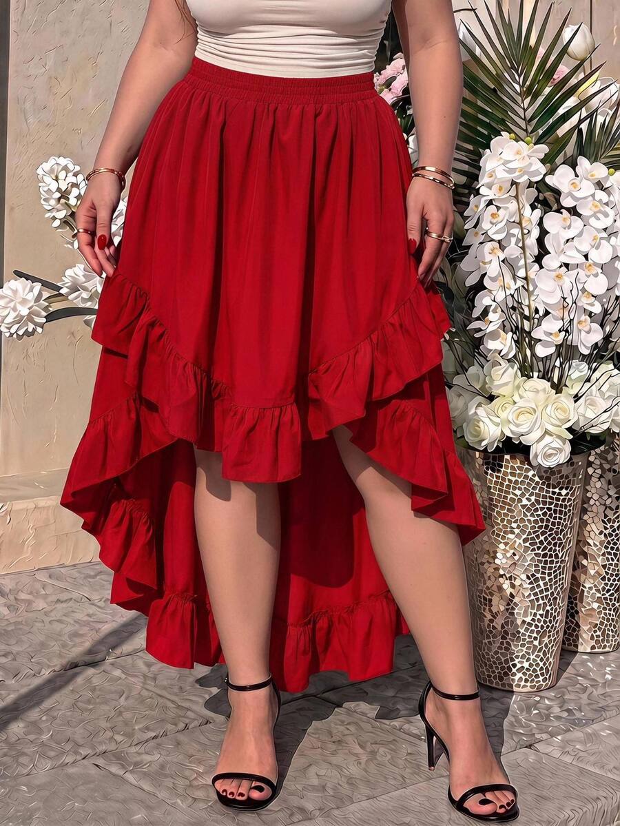 SHEIN MOD Plus Size Women's Black Ruffle Skirt, Vintage Black Layered Skirt Fall - Red - View 1