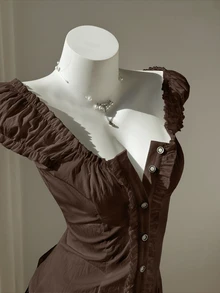 Elamini Spring/Summer Minimalist Minimalist Sexy Sweet Fresh Ruffle Trim Off-The-Shoulder Puff Sleeve Blouse For Women - Coffee Brown - View 7