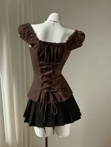 Elamini Spring/Summer Minimalist Minimalist Sexy Sweet Fresh Ruffle Trim Off-The-Shoulder Puff Sleeve Blouse For Women - Coffee Brown - View 2