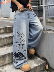 STEELVANCE Men Vintage Washed Mountain Ink Print Loose Wide Leg Jeans,Y2K Denim Pants Street Casual Back-To-School Fall - Blue - View 4