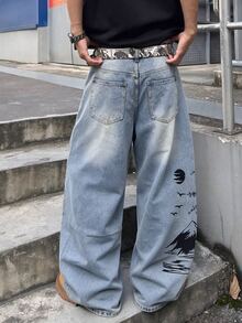 STEELVANCE Men Vintage Washed Mountain Ink Print Loose Wide Leg Jeans,Y2K Denim Pants Street Casual Back-To-School Fall - Blue - View 2