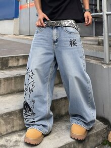 STEELVANCE Men Vintage Washed Mountain Ink Print Loose Wide Leg Jeans,Y2K Denim Pants Street Casual Back-To-School Fall - Blue - View 3