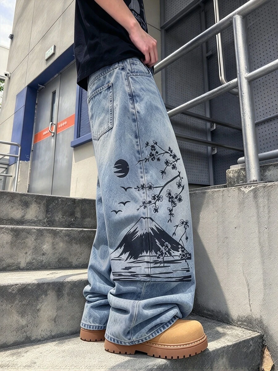 STEELVANCE Men Vintage Washed Mountain Ink Print Loose Wide Leg Jeans,Y2K Denim Pants Street Casual Back-To-School Fall - Blue - View 1