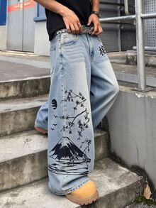 STEELVANCE Men Vintage Washed Mountain Ink Print Loose Wide Leg Jeans,Y2K Denim Pants Street Casual Back-To-School Fall - Blue - View 6