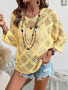 SHEIN Holidaya Women's Vacation Casual Solid Color Hollow-Out Knit Sweater - Light Yellow - View 1