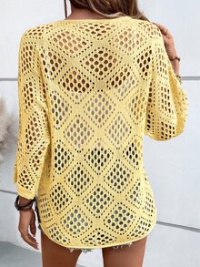 SHEIN Holidaya Women's Vacation Casual Solid Color Hollow-Out Knit Sweater - Light Yellow - View 2