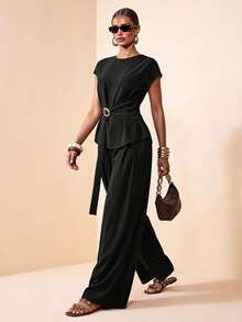Zivah 2026 Spring Summer Music Festival Easter St. Patrick's Day Valentine's Day Office Dinner Work Elegant Classy Short Sleeve Top Ruffle Decor Set Black - Black - View 1