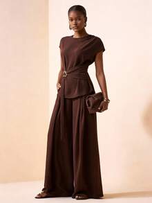 Zivah Elegant Coffee Brown Autumn 2-Piece Set For Work,Short Sleeve Top With Shoulder Ruffle,Metal Decor,Waist Tie & Wide Leg Pants With Pockets,Office Wear - Brown - View 10