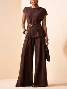 Zivah Elegant Coffee Brown Autumn 2-Piece Set For Work,Short Sleeve Top With Shoulder Ruffle,Metal Decor,Waist Tie & Wide Leg Pants With Pockets,Office Wear - Brown - View 6
