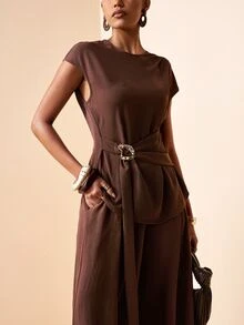 Zivah Elegant Coffee Brown Autumn 2-Piece Set For Work,Short Sleeve Top With Shoulder Ruffle,Metal Decor,Waist Tie & Wide Leg Pants With Pockets,Office Wear - Brown - View 7