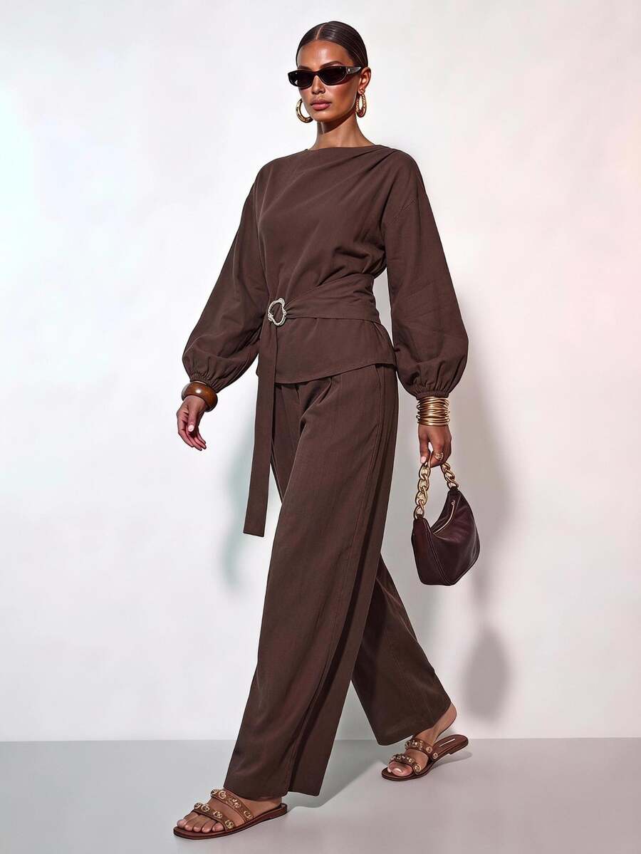 Zivah Women's Casual Elegant Vacation Solid Color Shirt Pants 2 Pieces Set Holiday Party Dark Brown Summer 100 Cotton