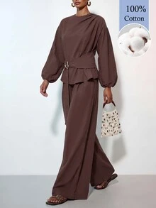 Zivah Women's Casual Elegant Vacation Solid Color Shirt Pants 2 Pieces Set Holiday Party Dark Brown Summer 100 Cotton - Brown - View 4