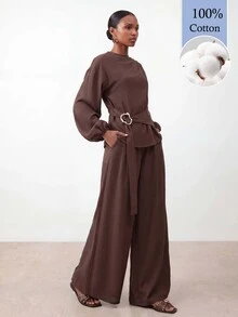 Zivah Women's Casual Elegant Vacation Solid Color Shirt Pants 2 Pieces Set Holiday Party Dark Brown Summer 100 Cotton - Brown - View 6