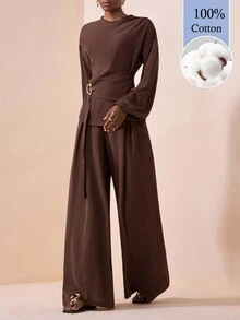 Zivah Women's Casual Elegant Vacation Solid Color Shirt Pants 2 Pieces Set Holiday Party Dark Brown Summer 100 Cotton - Brown - View 13