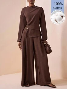 Zivah Women's Casual Elegant Vacation Solid Color Shirt Pants 2 Pieces Set Holiday Party Dark Brown Summer 100 Cotton - Brown - View 12