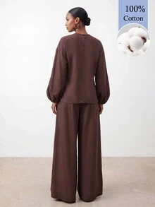 Zivah Women's Casual Elegant Vacation Solid Color Shirt Pants 2 Pieces Set Holiday Party Dark Brown Summer 100 Cotton - Brown - View 3