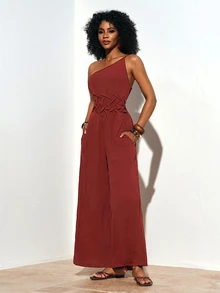 Zivah Rust Brown One Shoulder Dress Women's Elegant Summer Holiday Vacation Holiday Wrap Gown,Bohemian Western Style Wedding Guest Evening Party Date Dress - Rust Brown - View 4